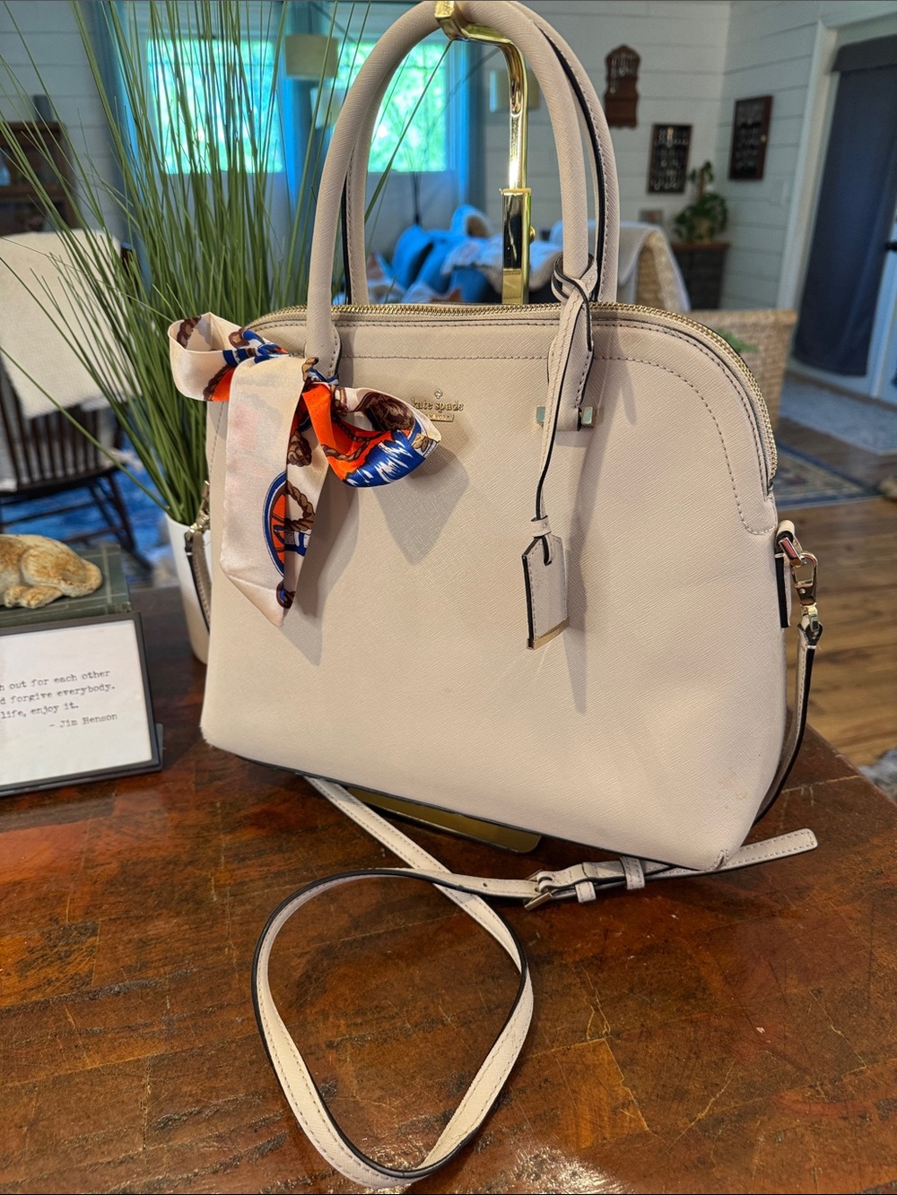 kate spade Cream Leather Dome Satchel with Colorful Scarf